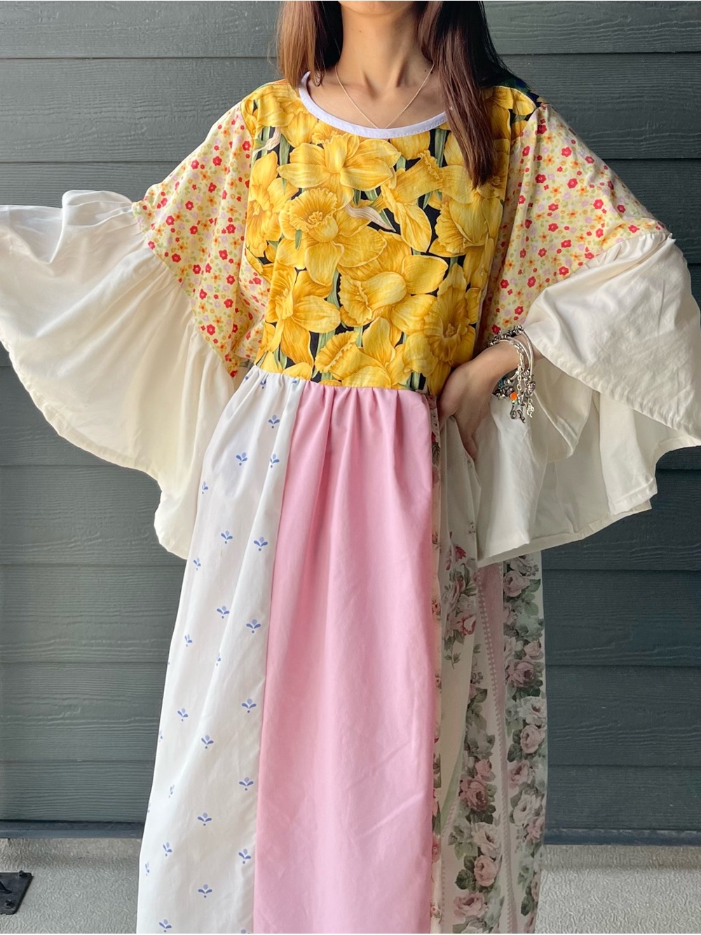 Yellow Tulips + Sunflowers | Handmade Quilt Flower Maxi Dress | SKU 08074